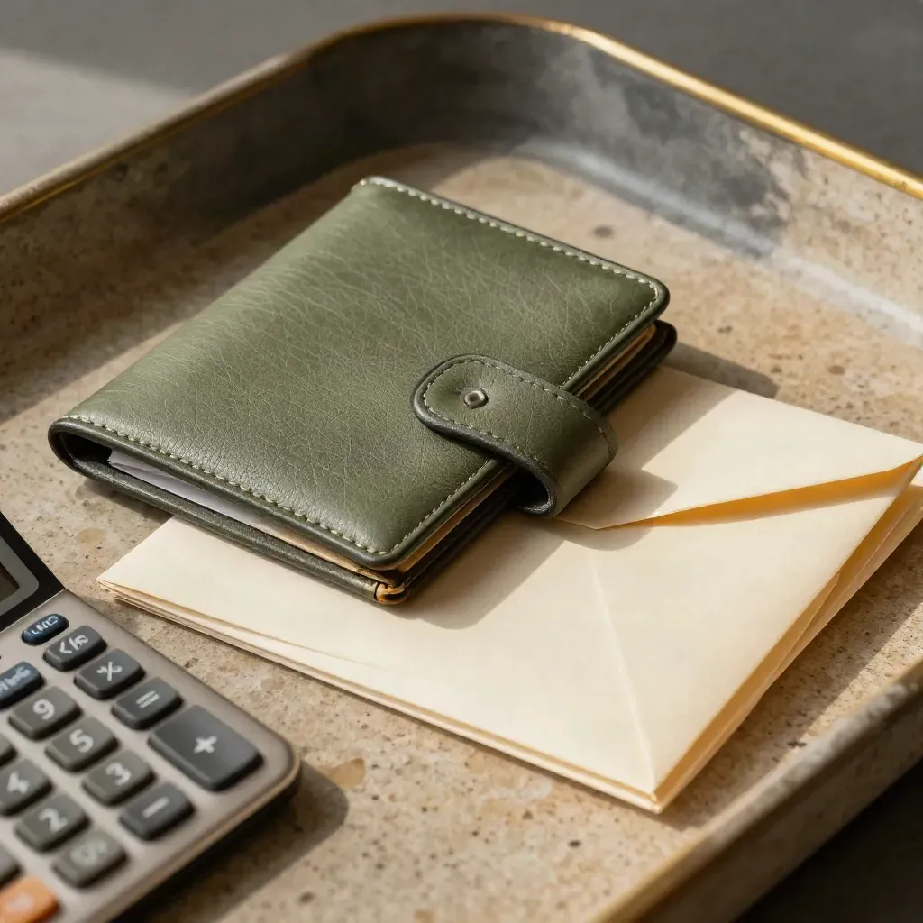 Set cukai peribadi dengan kalkulator, dompet resit, sampul kosong dan lengan resit.
