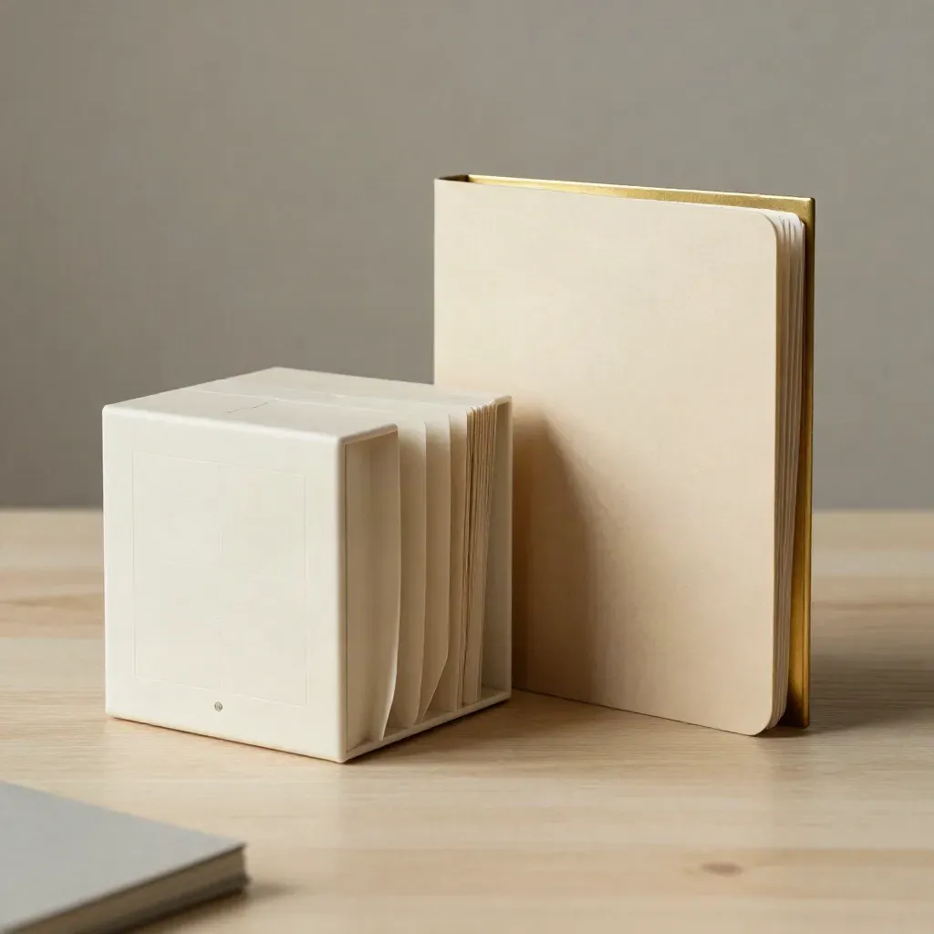 Kit skop kerja dengan folder, tab pemisah dan kubus kalendar di atas kayu cerah.