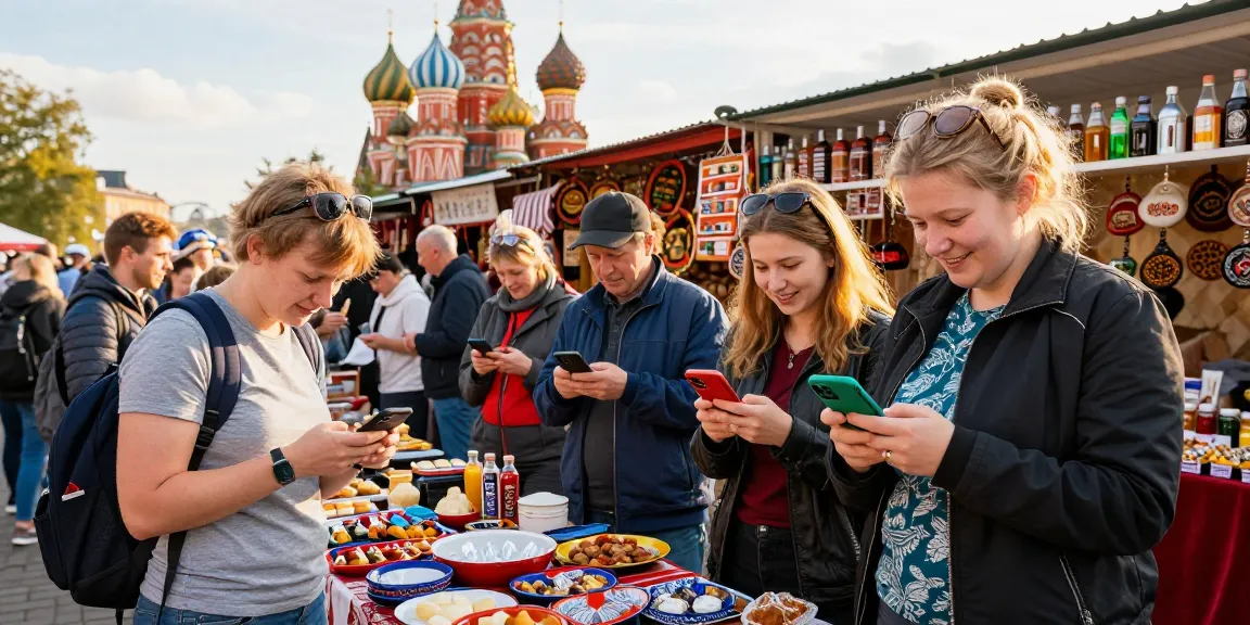 Pengunjung menggunakan https://payinrussia.com/ untuk membayar barang di pasar tempatan Rusia.